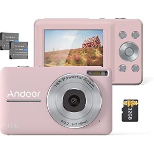 Andoer Appareil photo numérique rose avec 2 piles rechargeables 32 Go Carte mémoire 1080p 44 m HD Zoom numérique 16x Anti-secousses Mise au point automatique 2,5 IPS, écran LCD souriant pour enfants - Publicité