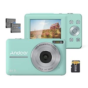 Andoer Lot de 2 appareils photo numériques avec carte SD de 32 Go, piles rechargeables 1080p, 44 m, HD, zoom numérique 16x, anti-tremblement, écran IPS 2,5", écran LCD souriant pour enfants et - Publicité