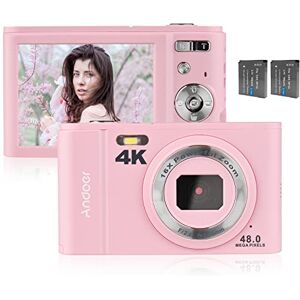 Andoer Appareil photo numérique portable 48 MP 4K Écran IPS 2,8" Zoom 16X Retardateur Mémoire étendue Détection du visage Anti-secousses avec 2 piles Dragonne Pochette de transport Rose - Publicité