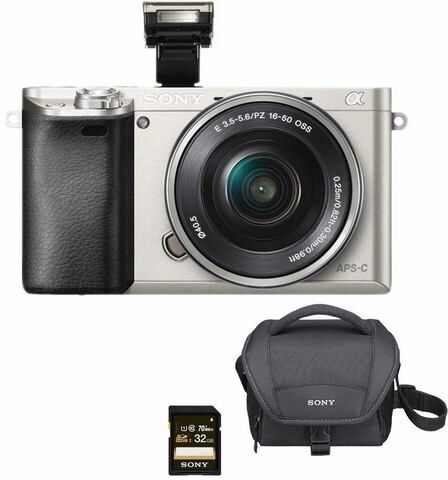 Sony Alpha ILCE-6000L systeemcamera, 16-50 mm zoom, incl. tas, 32 GB SD-kaart  - 579.99 - zilver