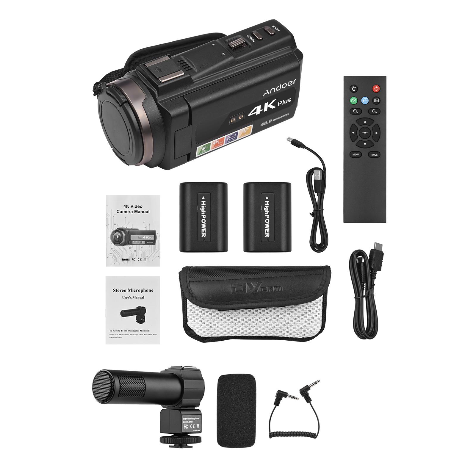 Andoer 4K/60FPS 48MP WiFi Digital Video Camera Set 1 Camcorder Recorder + 1 Microphone + 1 Remote