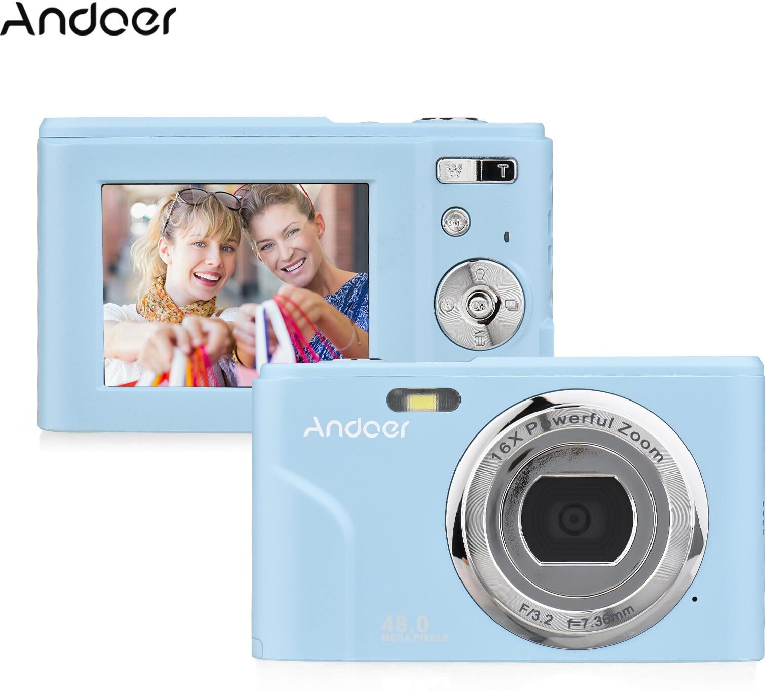 Andoer Portable Digital Camera 48MP 1080P 2.4-inch IPS Screen 16X Zoom Auto Focus Self-Timer Face