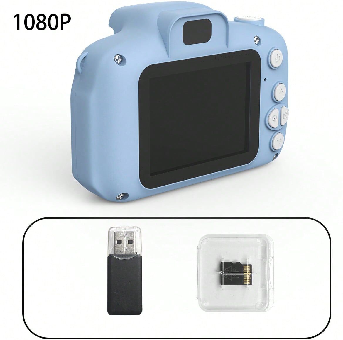 SHEIN 1080P Mini Portable Digital Camera, Color Toy Rechargeable Camera, 2-Inch Screen 15MP, Birthday And Other Gifts With 1 TF Card And Card Reader Blue one-size