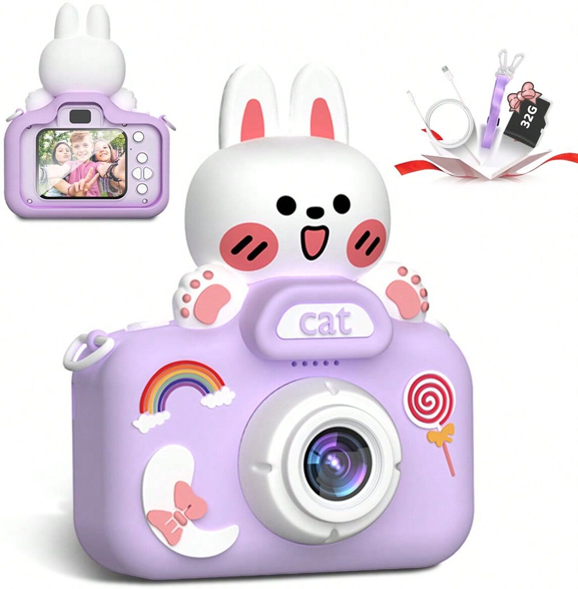 SHEIN A Pink And Purple Rabbit-shaped Children's Camera, Cartoon Digital Mini Toy Camera With Hd Dual Cameras, Christmas Gift, Can Take Photos, Mini Handheld Camera, Gift For Boys And Girls, Birthday Gift, Including A Memory Card, Creative Game, Creative 