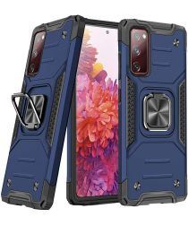 Geen Samsung Galaxy S20 FE Hoesje Back Cover Shockproof met Kickstand Blauw