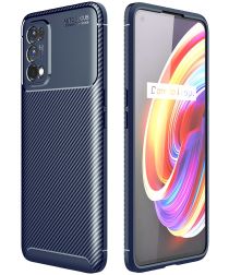 Geen Realme 7 Pro Hoesje Siliconen Carbon TPU Back Cover Blauw