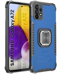 Geen Samsung Galaxy A72 Hoesje met Metalen Kickstand Ring Houder Blauw