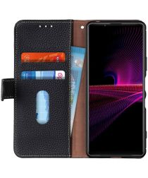 KHAZNEH Sony Xperia 1 III Hoesje Wallet Book Case Echt Leer Zwart