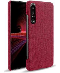 Geen Sony Xperia 1 III Hoesje Hard Plastic Stof Textuur Back Cover Rood