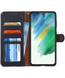 Khazneh Samsung Galaxy S21 FE Hoesje RFID Portemonnee Bookcase Echt Leer Blauw
