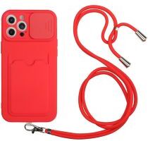 Geen Apple iPhone 13 Hoesje met Koord Camera Slider Back Cover Rood