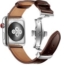 Geen Apple Watch 45MM / 44MM / 42MM Bandje Echt Leer met RVS Vlindersluiting Brown