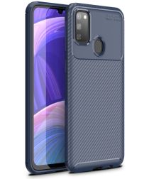 Geen Samsung Galaxy M21 Hoesje Geborsteld Carbon Blauw