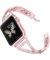 Geen Apple Watch 45MM / 44MM / 42MM Bandje RVS Armband met Diamant Design Roze