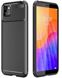 Geen Huawei Y5p Hoesje Geborsteld Carbon Flexibele Back Cover Zwart