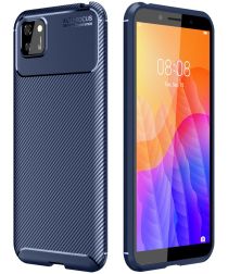 Geen Huawei Y5p Hoesje Geborsteld Carbon Flexibele Back Cover Blauw