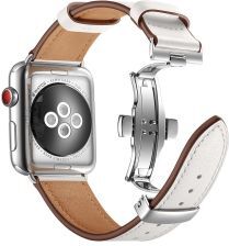 Geen Apple Watch 41MM / 40MM / 38MM Bandje Echt Leer met RVS Vlindersluiting Wit