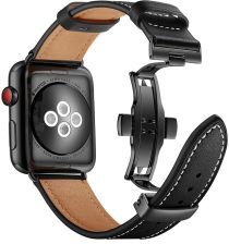 Geen Apple Watch 41MM / 40MM / 38MM Bandje Echt Leer met RVS Vlindersluiting Zwart