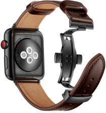 Geen Apple Watch 45MM / 44MM / 42MM Bandje Echt Leer met RVS Vlindersluiting Bruin