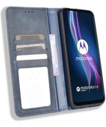 Geen Motorola Moto One Fusion Plus Retro Portemonnee Stand Hoesje Blauw
