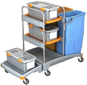 Cleankeeper Systemwagen II - 3, 3 Moppboxen (59,5x27,5x24), 2 Schalen (60x40,5x5), 1 Abfallsack 120l - blau, 1 Abfallsack 120l orange