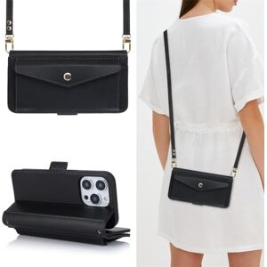 NICRX Sac de Luxe avec Fente pour Carte en Cuir bandoulière Collier Sangle lanière étui de téléphone pour iPhone 14 Pro Max 11 12 13 Portefeuille Couverture Pliante, Noir, pour iPhone 12