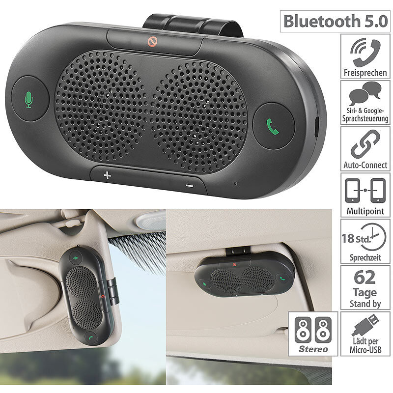 Callstel Stereo-Kfz-Freisprecher mit Bluetooth 5, Siri- und Google-kompatibel