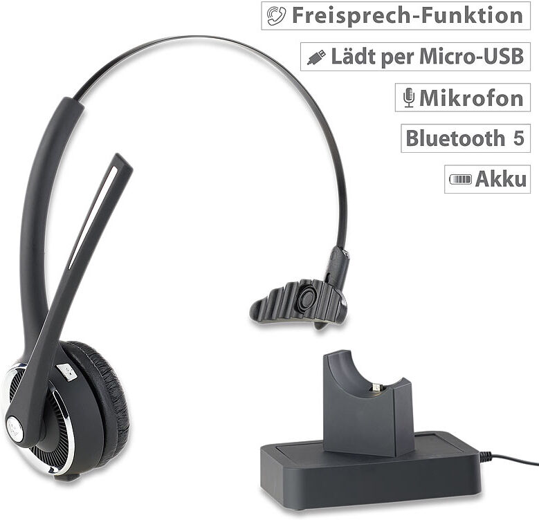 Callstel Profi-Mono-Headset mit Bluetooth, Geräuschunterdrückung, 15-Std.-Akku