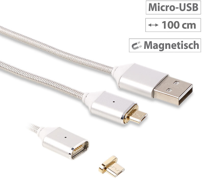 Callstel USB-Lade- & Datenkabel mit magnetischem Micro-USB-Stecker, 1 m, silber