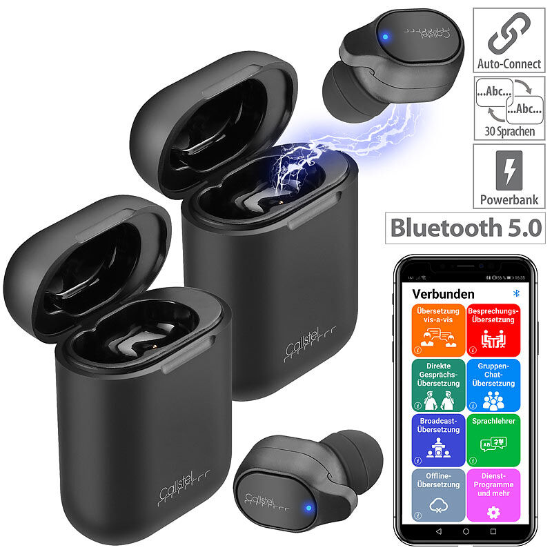 Callstel 2er-Set 2in1-Live-Übersetzer, In-Ear-Mono-Headset, Powerbank-Box & App