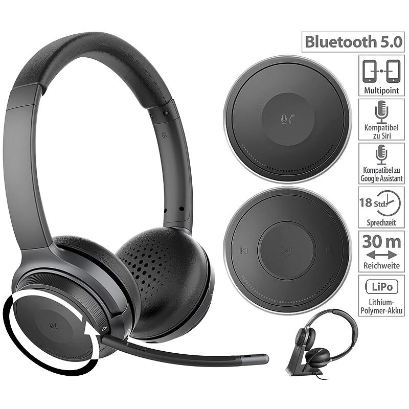 Callstel Profi-Stereo-Headset mit Bluetooth 5, 18-Std.-Akku, 30 m Reichweite