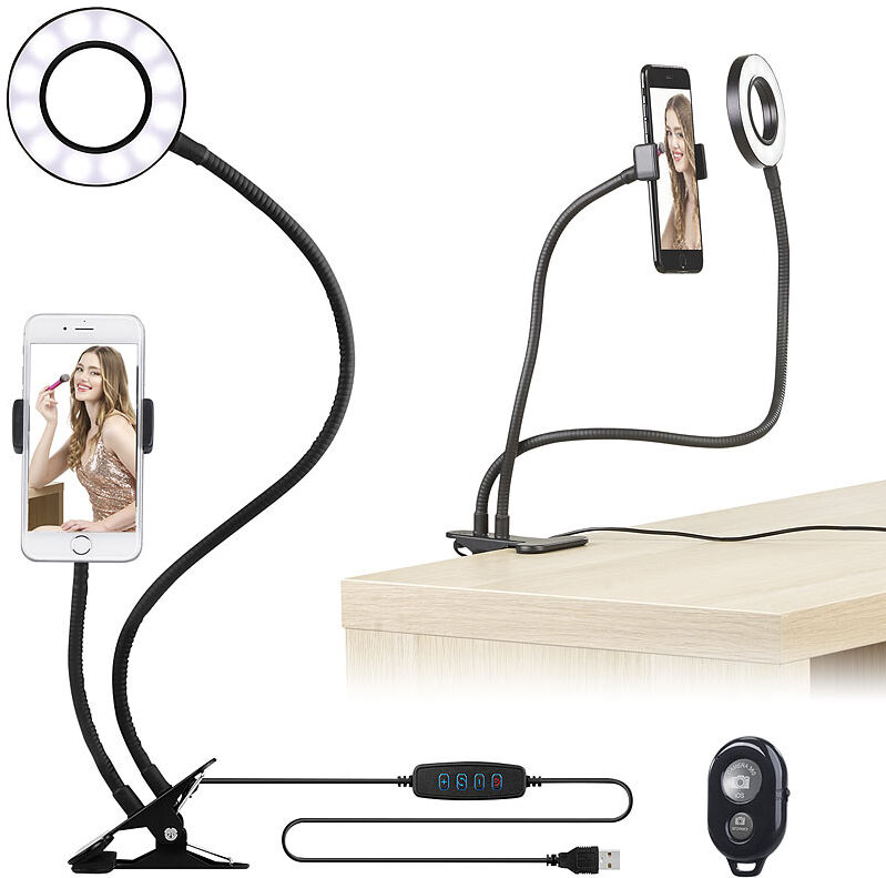 Somikon USB-Ringlicht mit Smartphone-Halter & Fernauslöser, Ø 3,5