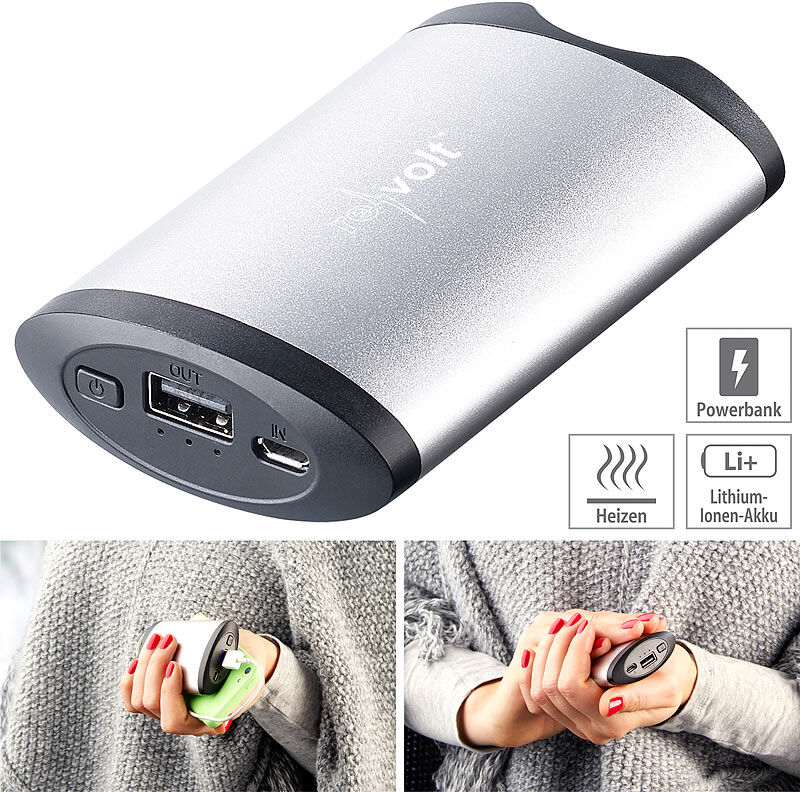 revolt 2in1-Powerbank mit Handwärmer, 5.200 mAh, 2 Temperaturstufen