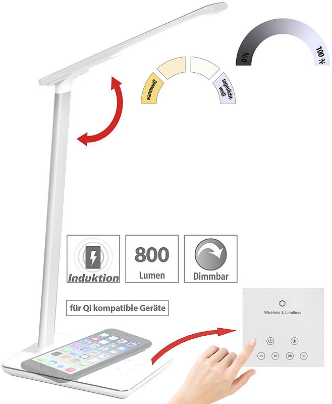 Lunartec Schreibtisch-Lampe, Qi-kompatibel, 4 Lichtfarben, 800 Lumen, dimmbar