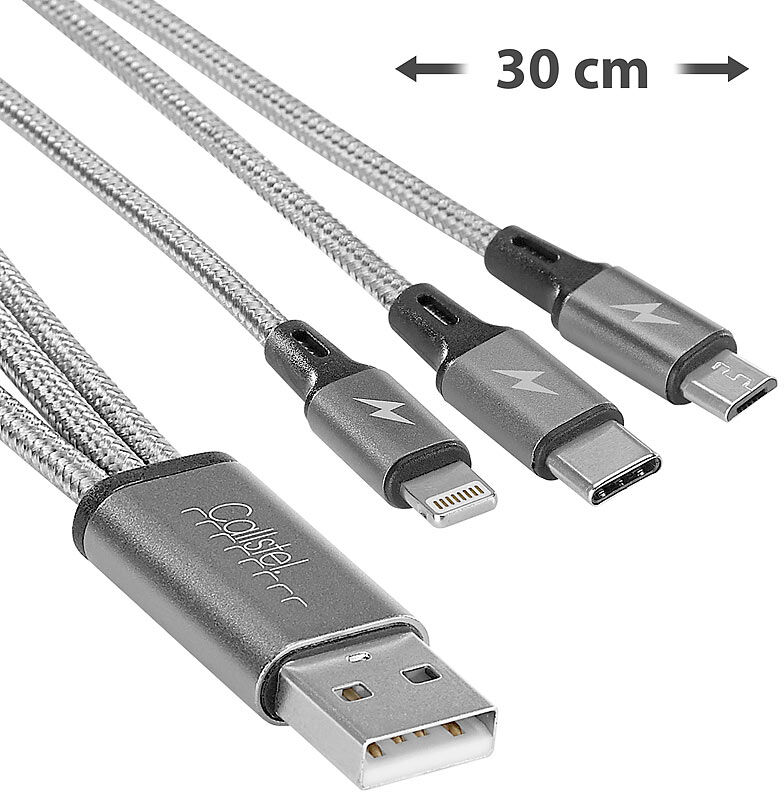 Callstel 3in1-Schnellladekabel: Micro-USB, USB C & Lightning, Textil, 30 cm, 3A