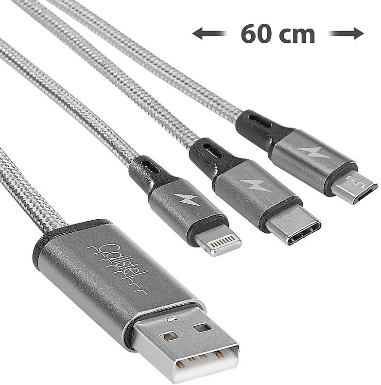 Callstel 3in1-Schnellladekabel: Micro-USB, USB Typ C & Lightning, Textil, 60 cm