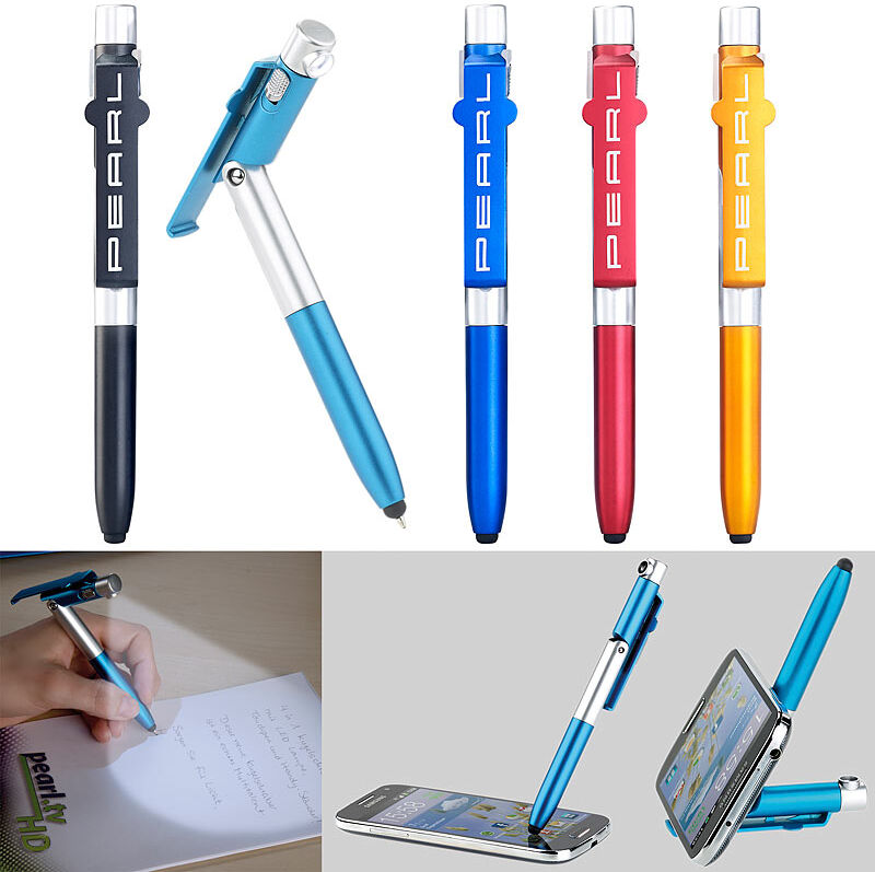 Pearl 4in1-Kugelschreiber mit LED-Lampe, Touchpen und Handy-Ständer, 5er-Set