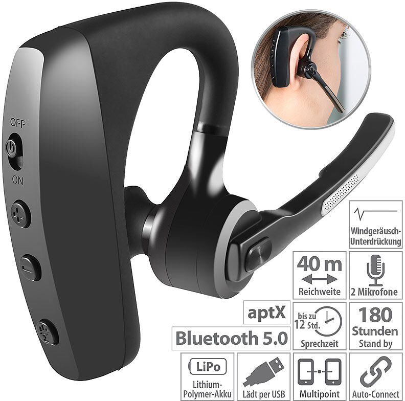 Callstel Headset, Bluetooth 5, aptX, 2 HD-Mikrofone, Windgeräusch-Unterdrückung