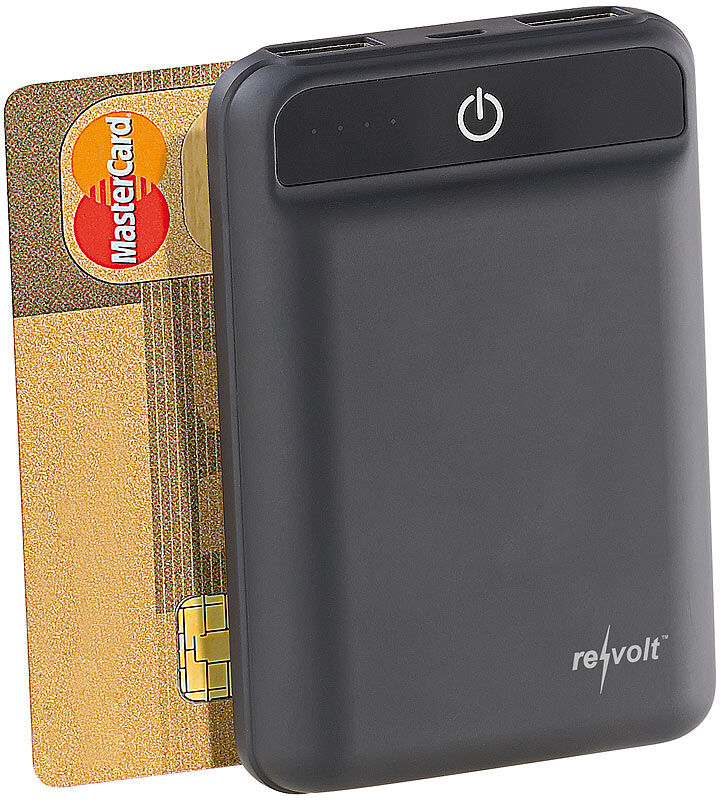 revolt Powerbank im Kreditkartenformat, 10.000 mAh, 2 USB-Ports, 2,4 A, 12 W