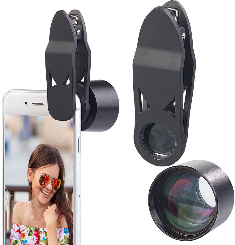 Somikon HD-Tele- & Portrait-Vorsatzlinse für Smartphones, 2x, Clip-Halterung