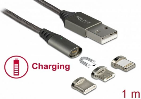 DeLock 85705 - Magnetisches USB Ladekabelset für 8 Pin / Micro USB / USB Type-C anthrazit 1 m