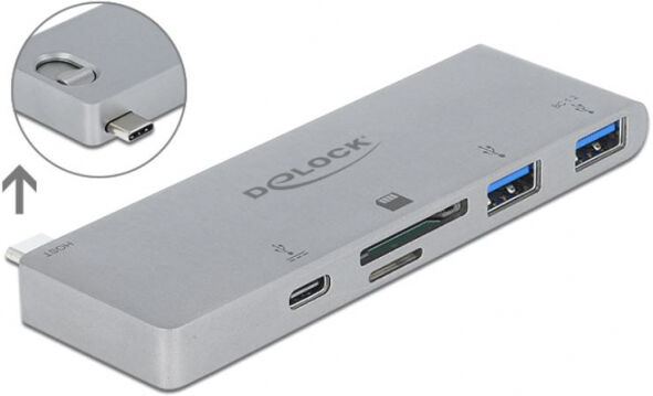 DeLock 64078 - 3 Port Hub und 2 Slot Card Reader für MacBook mit PD 3.0 und einschiebbarem USB Type-C Anschluss