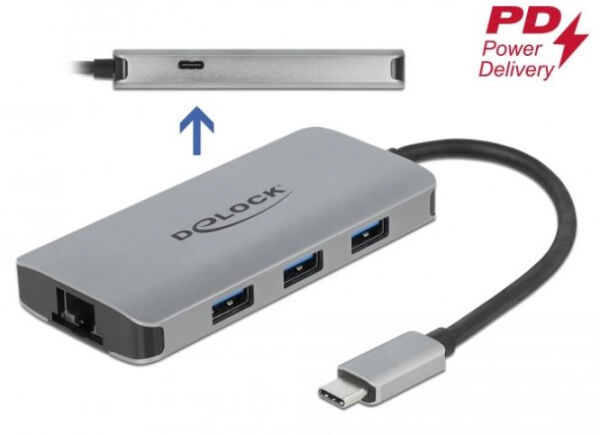 DeLock 63252 - USB 3.2 Gen 1 Hub mit 4 Ports und Gigabit LAN und PD