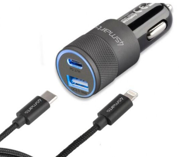 4smarts Kfz-Ladegerät Rapid Quick Charge+PD - 27W / USB-C zu Lightning Kabel 1m