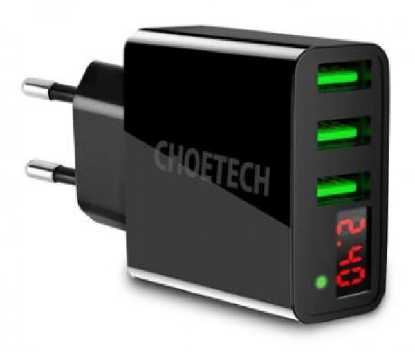Choetech C0027 - Universal 3 USB Charger LED Display EU Plug Wall Charger