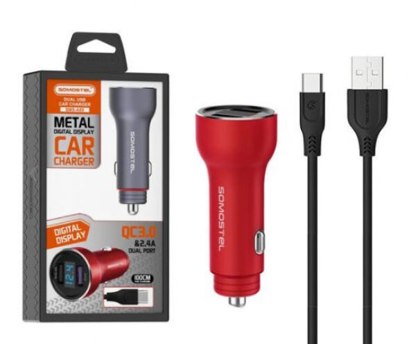 Divers Somostel SMS-A89 - KFZ-Ladegerät / QuickCharge 3.0 / PD - 2 x USB2 Rot - inkl. USB-A zu micro-USB Kabel
