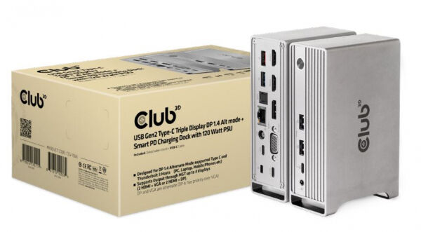 Club 3D CSV-1568 - USB Gen2 Type-C Triple Display DP 1.4 Alt mode Smart PD Charging Dock with 120 Watt PSU