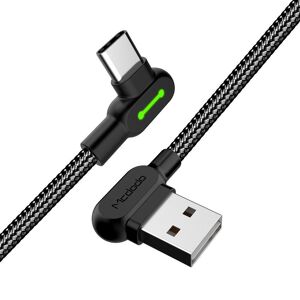 Mcdodo CA 5283 Vinklet USB C til vinklet USB A kabel til synkronisering og hurtig opladning LED sort 3m