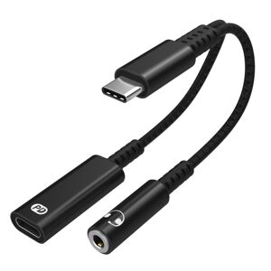 INF USB-C adapter til 3,5 mm hovedtelefoner og USB-C oplader Sort