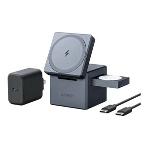 Anker 3-in-1 Trådløs Oplader 15W Cube m. 30W USB-C Vægoplader - MagSafe Kompatibel - Grå